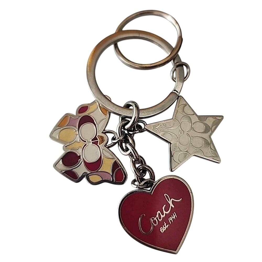 Vintage COACH Signature Butterfly Star Heart Mix Charm Keychain KEY Ring FOB Red